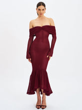 Load image into Gallery viewer, Kaedyn Burgundy Off Shoulder Long Sleeve Crochet Mermaid Maxi Dress
