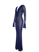 Load image into Gallery viewer, Ilyse Navy V-Neck Plunge Animal Print Mermaid Hem Maxi Dress

