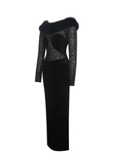 Load image into Gallery viewer, Alexis Black Velvet Animal Print Fur Boatneck Maxi Dress

