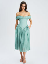 Load image into Gallery viewer, Xavy Teal Green Off Shoulder Corset Midi Dress
