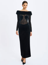 Load image into Gallery viewer, Alexis Black Velvet Animal Print Fur Boatneck Maxi Dress
