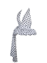 Load image into Gallery viewer, Ilene White and Black Polka Dot Bubble Hem Halter Top
