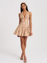 Load image into Gallery viewer, Mackenzie Green and Pink Floral Print Halter Linen Mini Dress

