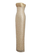 Load image into Gallery viewer, Lainey Gold Satin Sequin Pearls Beaded Maxi Dress
