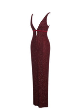 Load image into Gallery viewer, Elora Crimson Sequin Beaded Keyhole Maxi Dress
