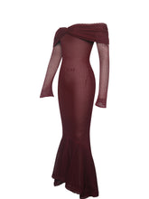 Load image into Gallery viewer, Kaedyn Burgundy Off Shoulder Long Sleeve Crochet Mermaid Maxi Dress
