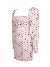 Load image into Gallery viewer, Perla Baby Pink Ruched Bust Velvet-Embossed Bow Mini Dress
