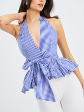 Load image into Gallery viewer, Ilene Blue and White Checkered Bubble Hem Halter Top
