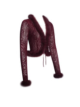 Load image into Gallery viewer, Hali Burgundy Animal Print Burnout Velvet Fur Trim Top
