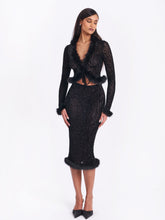 Load image into Gallery viewer, Halia Black Animal Print Burnout Velvet Fur Trim Skirt

