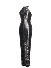 Load image into Gallery viewer, Abril Ruched Silver Glitter Backless Gown
