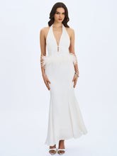 Load image into Gallery viewer, Solene Pleated Halter Backless Feather-Trim Maxi Dress
