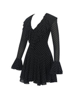 Load image into Gallery viewer, Omari Black Chiffon Polka Dot Ruffled Neckline Mini Dress
