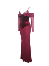 Load image into Gallery viewer, Maybelle Magenta Bardot Lace Strap Peplum Maxi Dress
