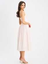 Load image into Gallery viewer, Zania Pink Stripe Ruched Breast Cotton Jacquard Midi Dress
