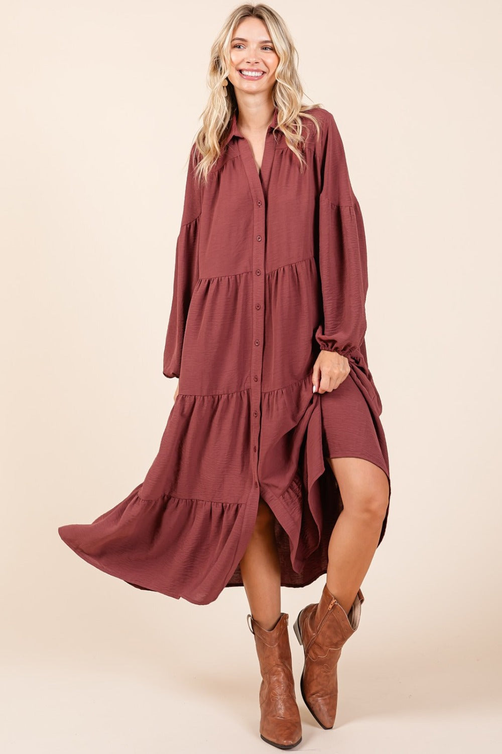Tiered Button Down Long Sleeve Midi Dress For Women – Button Down Midi Dress, Long Sleeve Tiered Dress, Feminine Midi Dress, Button Front Dress, Elegant Long Sleeve Dress