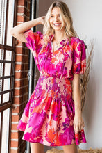 Load image into Gallery viewer, Floral Short Sleeve Smocked Mini Dress – Floral Mini Dress, Smocked Dress, Short Sleeve Floral Dress, Ruched Waist Dress, Summer Mini Dress, Romantic Floral Dress, Chic Floral Dress
