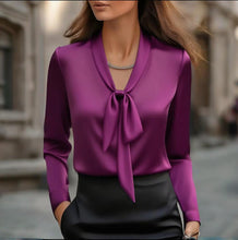 Load image into Gallery viewer, Elegant Satin Ribbon Blouse — Long Sleeve Button-Down Work Shirt
