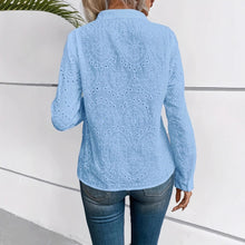 Load image into Gallery viewer, Women’s Blue Embroidered Hollow-Out Long Sleeve Shirt
