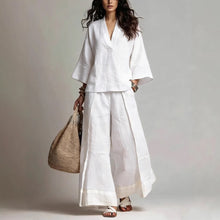 Load image into Gallery viewer, Women's Cotton-Linen V-Neck 3/4 Sleeve Shirt &amp; Wide-Leg Pants Set
