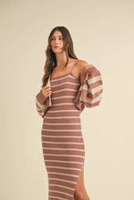Load image into Gallery viewer, Stripe Crop Cardigan and Bodycon Dress Sweater Set – Two-Piece Knit Set, Striped Crop Cardigan Dress, Cozy Sweater Dress Set, Chic Layered Knit Outfit
