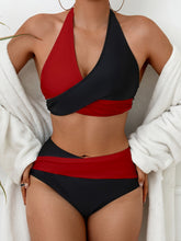 Load image into Gallery viewer, Bikini Black and White Contrast Color Criss Cross Neck 2 Piece Swimsuit for Women – Stylish Medium Stretch Two-Tone Bikini Set with Unique Neckline and Flattering Fit – Modern Swimwear for Beach Days, Pool Lounging, and Summer Escapes
