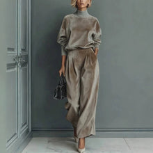 Load image into Gallery viewer, Women's Mock Turtleneck Balloon Sleeve Top &amp; Pleated Wide-Leg Trousers Set
