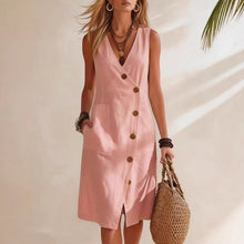 Load image into Gallery viewer, Women's Resort V-Neck Sleeveless Asymmetrical-Button Midi Dress
