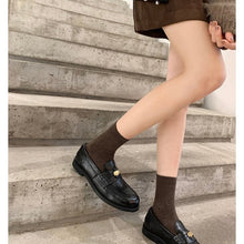 Load image into Gallery viewer, Women's British-Style Gold Coin Loafers | Block Heel Leather Slip-Ons
