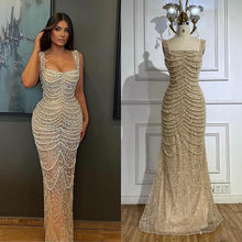 Load image into Gallery viewer, Nude Elegant Sling Light Luxury High-end Pearl Beaded Dress

