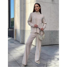 Load image into Gallery viewer, Women's Fine-Knit Mock-Neck Oversized Tunic Top &amp; Wide-Leg Trouser Set
