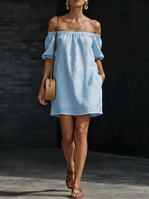 Load image into Gallery viewer, Women's Cotton-Linen Off-Shoulder Puff-Sleeve Loose Mini Dress

