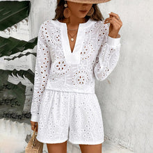 Load image into Gallery viewer, Women's Eyelet Embroidery V-Neck Long Sleeve Top &amp; Shorts Two-Piece Set
