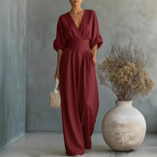 Load image into Gallery viewer, Women's V-Neck Wide-Leg Jumpsuit – High Waist Pleated Elegant
