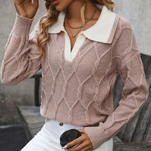 Load image into Gallery viewer, 🧶 Women’s Lapel V-Neck Color-Block Long-Sleeve Pullover Sweater

