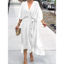 Load image into Gallery viewer, Batwing Sleeve V-Neck Midi Dress – Tied Irregular Hem Fairy Dress
