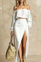 Load image into Gallery viewer, Women's Off-Shoulder Puff-Sleeve Crop Top &amp; Wrap-Front High-Slit Maxi Skirt Set
