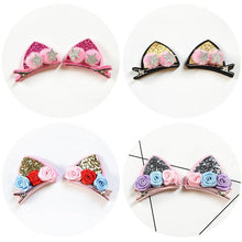 Load image into Gallery viewer, 2pcs/Set Cute Hair Clips For Girls Glitter Rainbow Felt Fabric Flowers Hairpins Cat Ears Bunny Barrettes Kids Hair Accessories for Halloween Parties Cosplay for Girls
