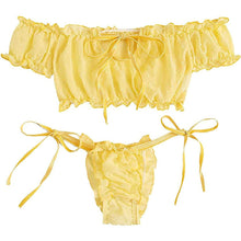 Load image into Gallery viewer, 2PCS/Set Off Shoulder Lace Up Bikinis Women Sweet Women's Bathing Suit Two Piece Strap Swimsuit Swimwear Bikini Beachwear Set Casual Short Sleeve Suits Swimsuits Beachwear Bathing Suits
