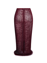 Load image into Gallery viewer, Halia Burgundy Animal Print Burnout Velvet Fur Trim Skirt
