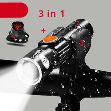 Load image into Gallery viewer, 3 IN 1 Bike Bicycle Light Set USB LED Waterproof Super Bright Zoom Headlight Super Bright 3 Light Modes Bicycle Light Set Flashlight Easy Installs In Seconds Fits All Bicycles Powerful Bright Light 8000 Lumen

