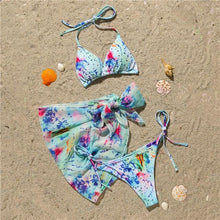 Load image into Gallery viewer, 3 Piece Women Bikini Modern Swimsuit Women High Cut  Suit Halter Swimwear Women's Bikini Swimsuits With Wrap Skirt Lace Up Pieces Strings High Cut Bikini Set Bathing Suits Female Triangle Backless Bathing Suit
