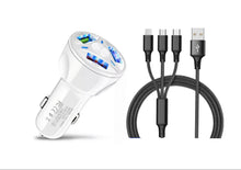 Load image into Gallery viewer, 3 Port Fast LED White Car Charger + 3 in 1 Cable Combo Black
