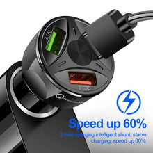 Load image into Gallery viewer, 3 Port Fast LED White Car Charger + 3 in 1 Cable Combo Black
