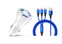 Load image into Gallery viewer, 3 Port Fast LED White Car Charger + 3 in 1 Cable Combo Blue
