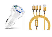 Load image into Gallery viewer, 3 Port Fast LED White Car Charger + 3 in 1 Cable Combo Gold
