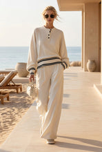 Load image into Gallery viewer, Women's Striped-Trim Henley Top &amp; Wide-Leg Pants Set
