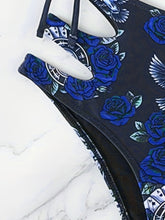 Load image into Gallery viewer, Bikini Skull Print Hollow-Out 2 Piece Swimsuit for Women – Sexy Lace-Up Floral Tie Bathing Suit with Crew Neck – High Stretch Halloween Inspired Bikini Set for Beach Party, Festival, and Summer Vacation
