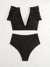Load image into Gallery viewer, Bikini Black Solid Color Ruffle V Neck 2 Piece Swimsuit for Women – High Waisted Flattering Bikini Set with Lettuce Trim Bottoms – Sleek Stretchy Fabric Swimwear for Beach Days Poolside Style and Summer Vacation Looks
