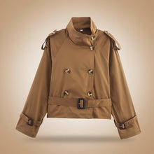 Load image into Gallery viewer, Women's Notch-Collar Short Trench Coat with Belt Buckle Detail
